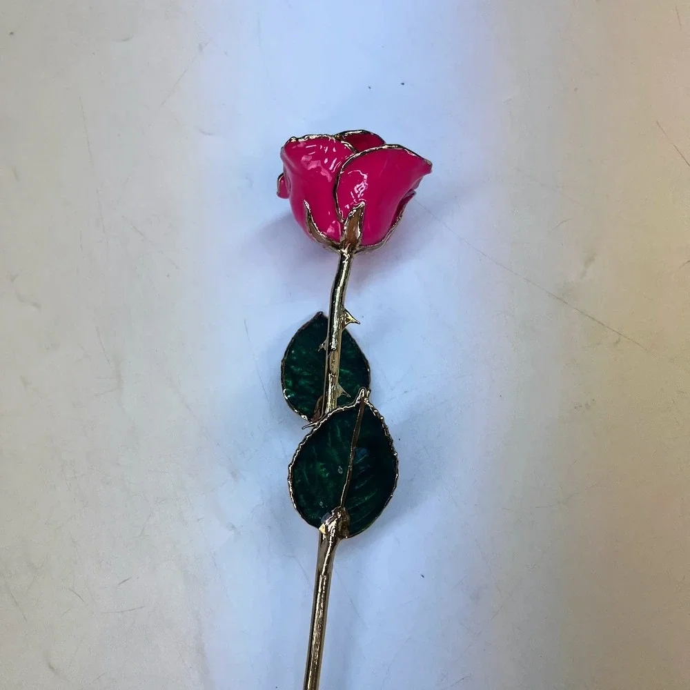 24k Rose Co Pink Real Rose Preserved in Lacquer Trimmed in 24K Gold with Box COA